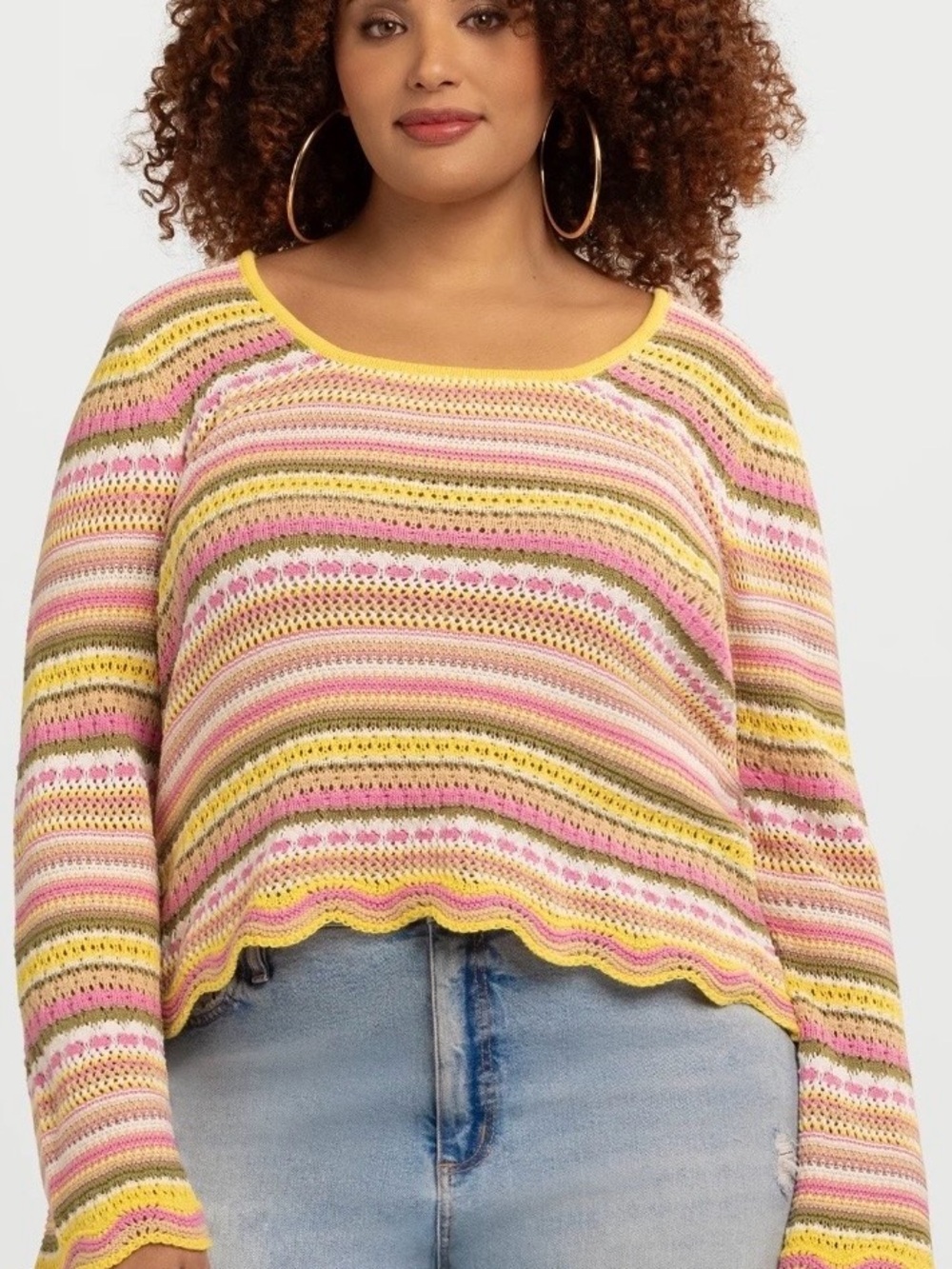 Jessica Simpson Yellow, Pink & Olive Green Striped Crochet Top